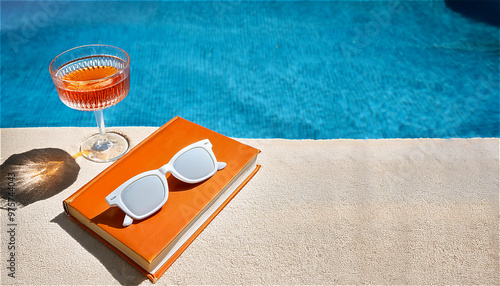 Summer Poolside Relaxation with Sunglasses, Book, and Cocktail - Sunny Vacation Vibes
