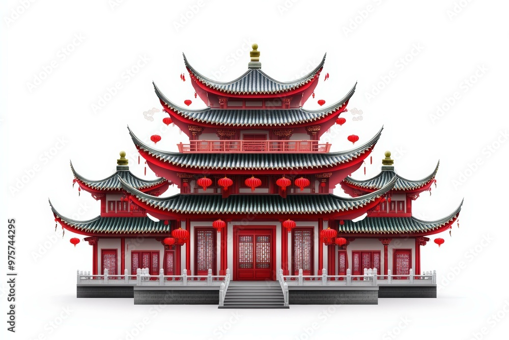 Traditional Chinese Temple with Red Lanterns: Detailed Vector Illustration Traditional Chinese Temple with Red Lanterns: Detailed Vector Illustration
