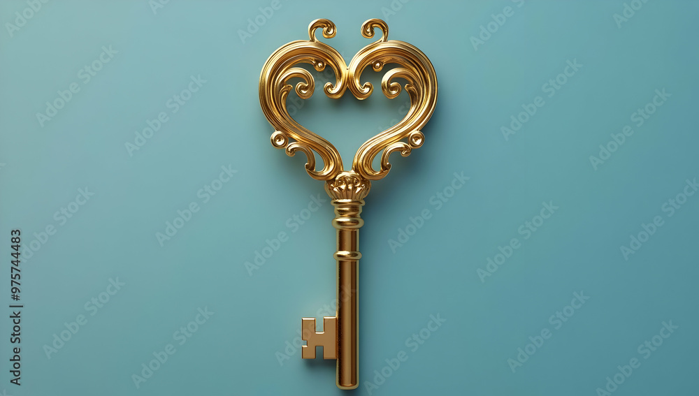 Elegant heart-shaped golden key against a blue background, symbolizing love and unlockable secrets. Elegant heart-shaped golden key against a blue background, symbolizing love and unlockable secrets.