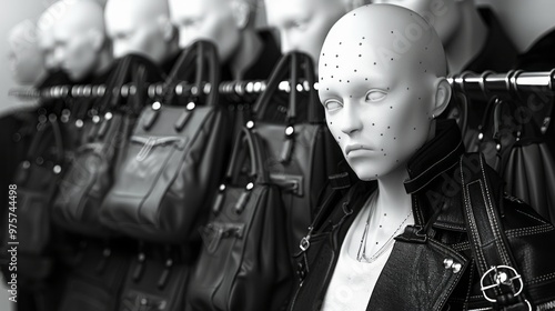 Monochrome mannequin display with fashion accessories and leather bags. photo