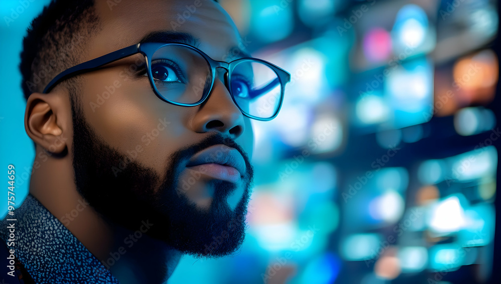 A focused man with glasses gazes thoughtfully, illuminated by colorful screens in the background, conveying inspiration and curiosity. A focused man with glasses gazes thoughtfully, illuminated by colorful screens in the background, conveying inspiration and curiosity.