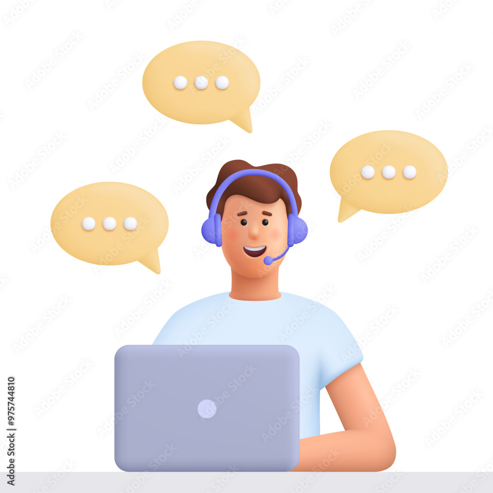 Office operator with headset talking with clients. Customer service, call center, hotline, customer support department staff concept. 3d vector people character. Cartoon minimal style. Office operator with headset talking with clients. Customer service, call center, hotline, customer support department staff concept. 3d vector people character. Cartoon minimal style.