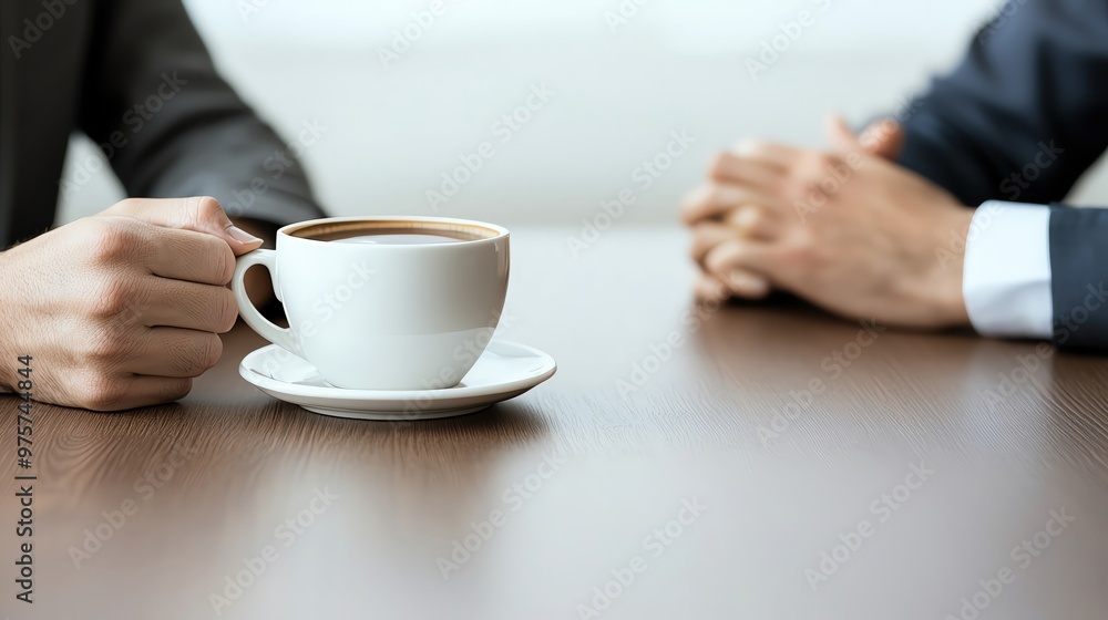 A close-up of a coffee cup on a wooden table, capturing a moment of casual conversation between two individuals. A close-up of a coffee cup on a wooden table, capturing a moment of casual conversation between two individuals.