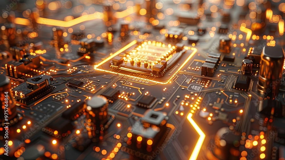 Printed circuit board futuristic server/Circuit board futuristic server code processing. Orange, green, blue technology background with bokeh. 3D Rendering Printed circuit board futuristic server/Circuit board futuristic server code processing. Orange, green, blue technology background with bokeh. 3D Rendering