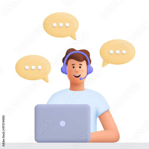Office operator with headset talking with clients. Customer service, call center, hotline, customer support department staff concept. 3d vector people character. Cartoon minimal style.