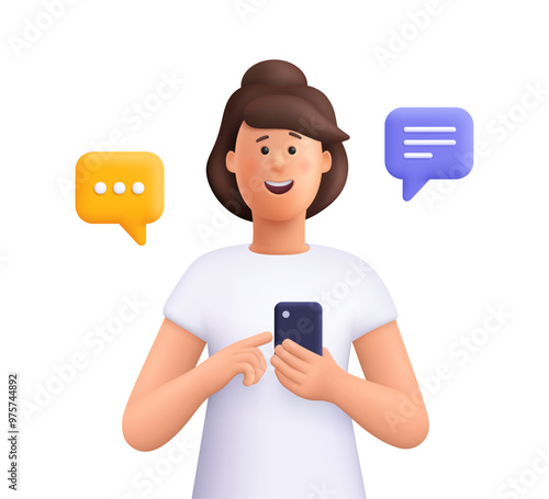 Woman chatting and typing on smartphone with speech bubble. Online chat, sending messages and comments, feedback and social media. 3d vector people character. Cartoon minimal style.