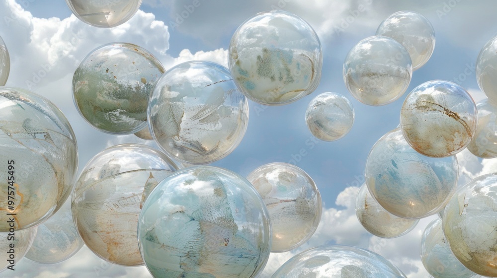 Surreal floating glass spheres against a cloudy sky. Surreal floating glass spheres against a cloudy sky.