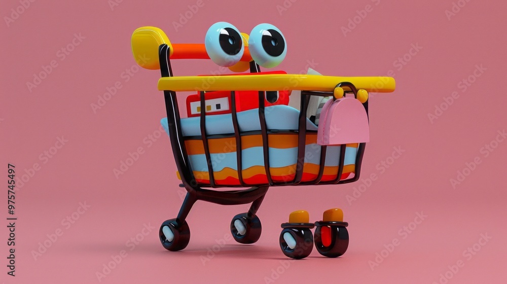 Cute cartoon shopping cart with big eyes and groceries on pink background. Cute cartoon shopping cart with big eyes and groceries on pink background.