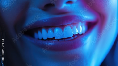 Close-up of a beautiful young woman's mouth with blue and white teeth photo