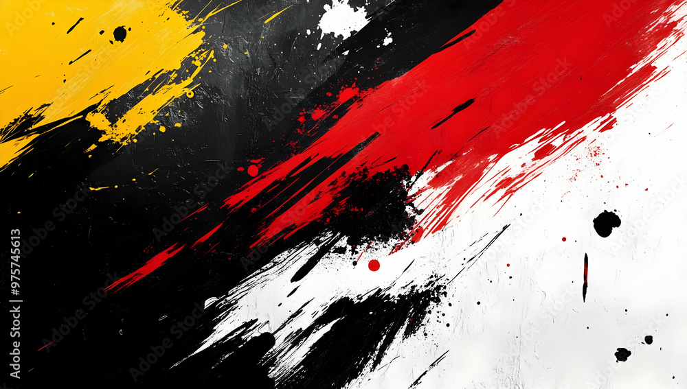 Vibrant abstract painting with dynamic brush strokes in red, yellow, black, and white, perfect for modern art decor. Vibrant abstract painting with dynamic brush strokes in red, yellow, black, and white, perfect for modern art decor.