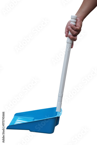 Close up hand hold s plastic dustpan, isolated on white background. Concept, chore household equipment, tool for cleaning for sanitary and hygiene to remove dust or dirt.      photo