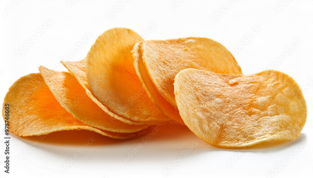 Close up crispy potato chips lying on white background. Snack, fast food. Unhealthy eating concept Close up crispy potato chips lying on white background. Snack, fast food. Unhealthy eating concept