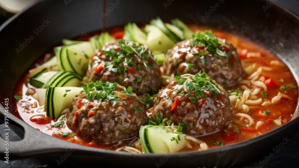 Meatballs baked in the oven, poured with a delicate and tempting gravy, on a pillow of fresh, carefully chopped zucchini, complemented with fragrant porridge. Meatballs baked in the oven, poured with a delicate and tempting gravy, on a pillow of fresh, carefully chopped zucchini, complemented with fragrant porridge.