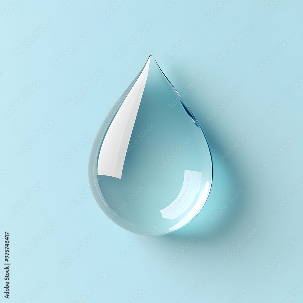 A single crystal-clear water droplet rests on a soft blue background, showcasing purity and simplicity in design. A single crystal-clear water droplet rests on a soft blue background, showcasing purity and simplicity in design.