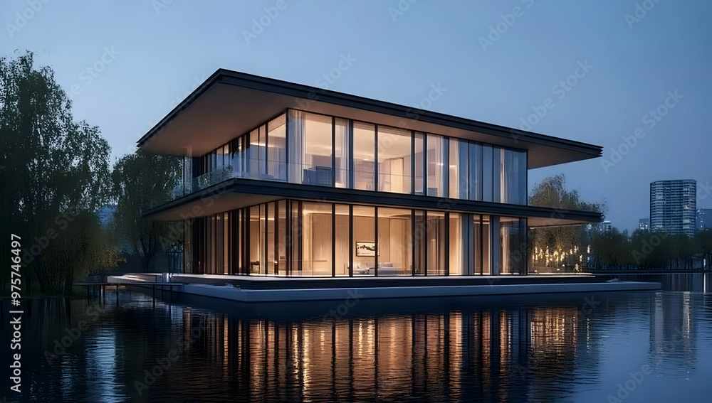 Modern architectural design of a striking house by the water at dusk, showcasing light and elegance in a serene environment. Modern architectural design of a striking house by the water at dusk, showcasing light and elegance in a serene environment.