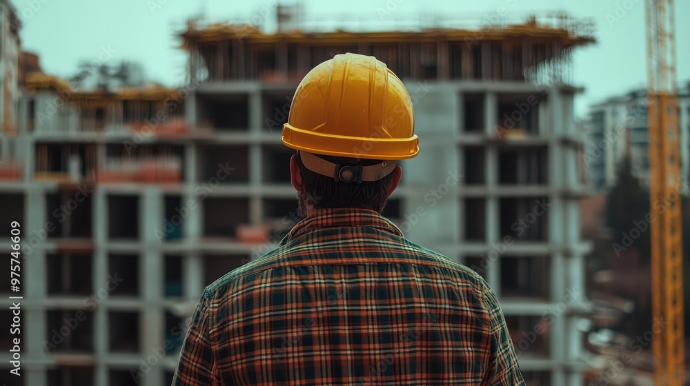Engineer builder wearing a helmet and holding blueprints at a construction site Engineer builder wearing a helmet and holding blueprints at a construction site