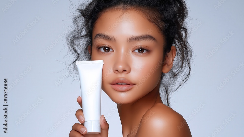 Radiant Skin, Natural Beauty: A young Asian woman with flawless skin holds a white skincare product, emphasizing natural beauty and a minimalist approach to skincare Radiant Skin, Natural Beauty: A young Asian woman with flawless skin holds a white skincare product, emphasizing natural beauty and a minimalist approach to skincare