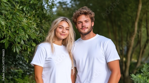 Summer Romance in Bloom: A young and attractive couple, radiating warmth and affection, pose against a lush green backdrop, their matching white t-shirts emphasizing their connection. 