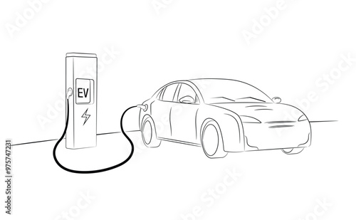 Electric car charging at an EV charging station. Black and white line drawing. Eco friendly transportation, auto industry, future technology. Vector illustrations.