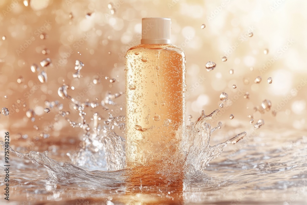 product photography of a bottle of body soap floating in mid-air with water splashing around, evoking luxury, elegance, fragrance, freshness, and delicacy product photography of a bottle of body soap floating in mid-air with water splashing around, evoking luxury, elegance, fragrance, freshness, and delicacy