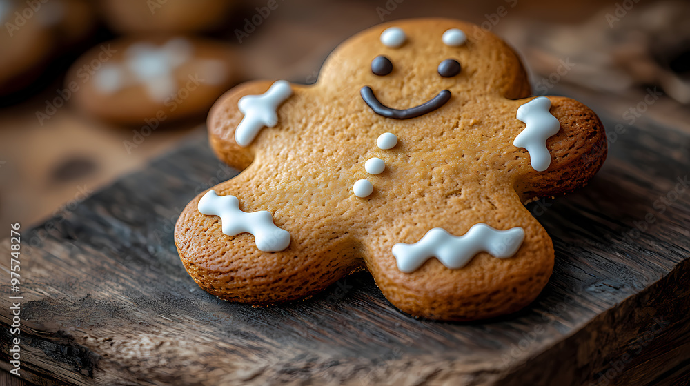 Fototapeta premium Gingerbread cookie with icing on wood