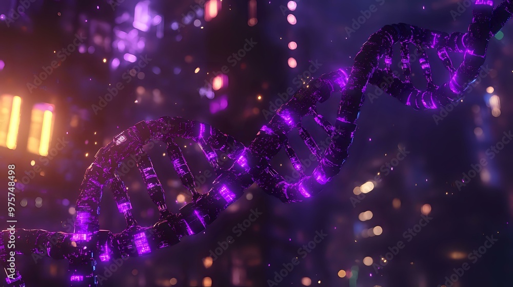 Metallic DNA chain with purple luminescent nodes set against a futuristic cityscape with circuit lines and holographic elements floating around Metallic DNA chain with purple luminescent nodes set against a futuristic cityscape with circuit lines and holographic elements floating around