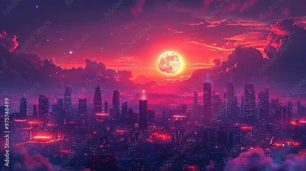 Fototapeta premium City of a future against purple sunset sky with clouds. Futuristic building with bright neon lights. Wallpaper in a style of cyberpunk. 3D ilustration