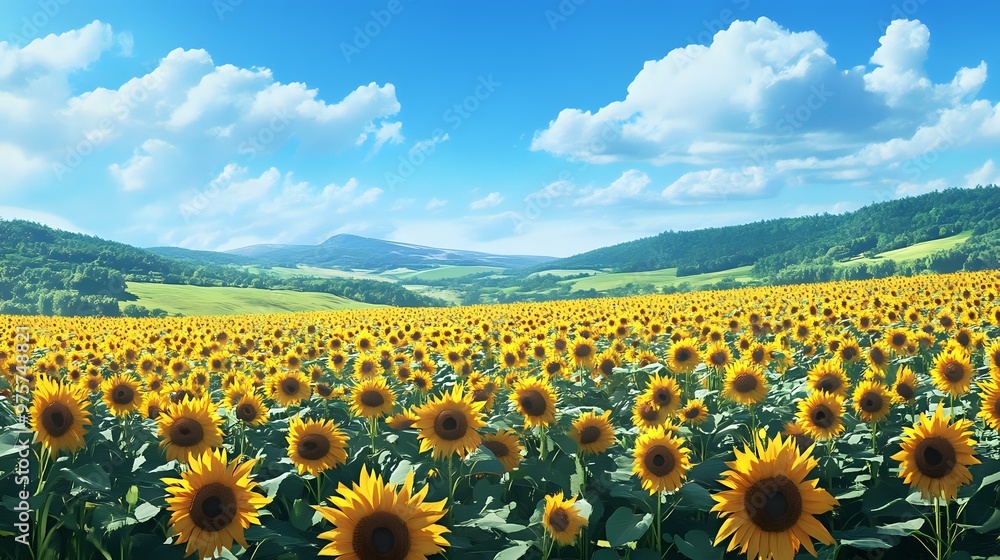 Obraz premium Vibrant sunflower field under a bright blue sky a gentle breeze swaying the flowers as distant rolling hills meet the horizon perfect for nature immersion