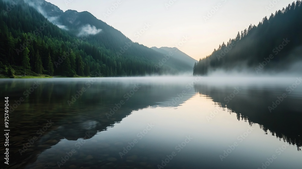This image depicts a serene mountain landscape, with a still lake reflecting the foggy mountains and dense pine forests. This image depicts a serene mountain landscape, with a still lake reflecting the foggy mountains and dense pine forests.