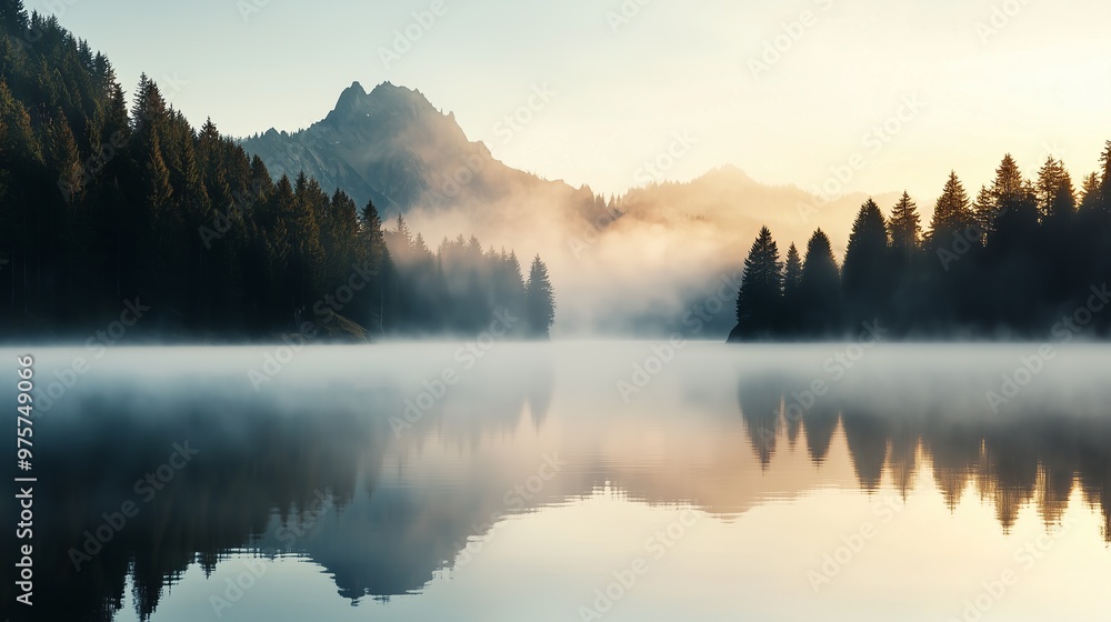 This image depicts a serene mountain landscape, with a still lake reflecting the foggy mountains and dense pine forests. This image depicts a serene mountain landscape, with a still lake reflecting the foggy mountains and dense pine forests.