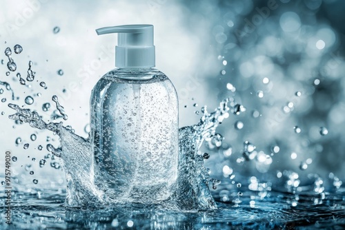 Product photography of bottle of shampoo floating in mid-air. water splashing around and the scene luxury and elegance