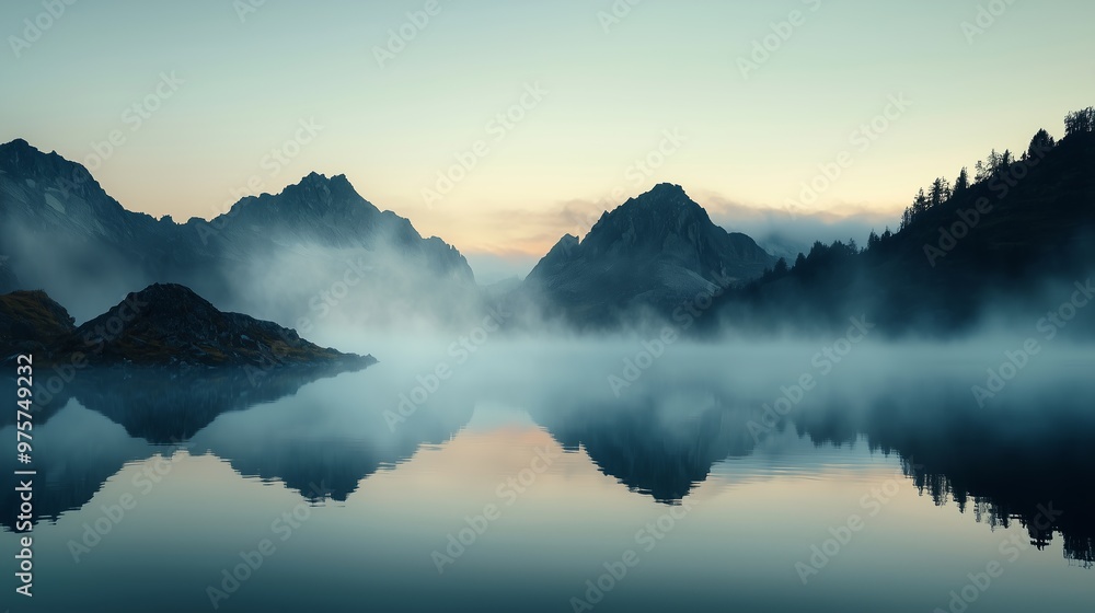 This image depicts a serene mountain landscape, with a still lake reflecting the foggy mountains and dense pine forests. This image depicts a serene mountain landscape, with a still lake reflecting the foggy mountains and dense pine forests.