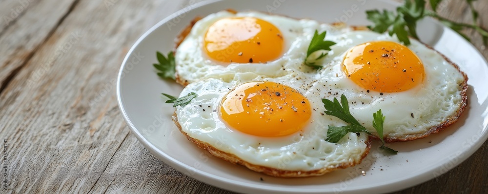 Fried eggs with parsley on a white plate, rustic wooden background. Breakfast and culinary concept Fried eggs with parsley on a white plate, rustic wooden background. Breakfast and culinary concept