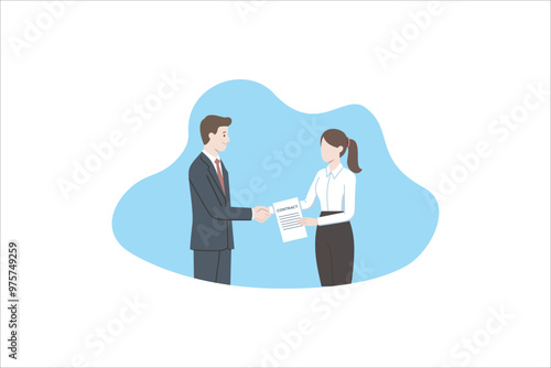 Business partners shaking hands. Handshake of man and woman making deal, coming to agreement and concluding contract. Partnership concept. Colored flat vector illustration isolated on white background