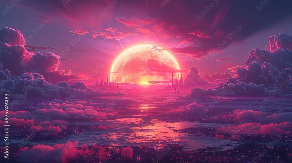 City of a future against purple sunset sky with clouds. Futuristic building with bright neon lights. Wallpaper in a style of cyberpunk. 3D ilustration City of a future against purple sunset sky with clouds. Futuristic building with bright neon lights. Wallpaper in a style of cyberpunk. 3D ilustration