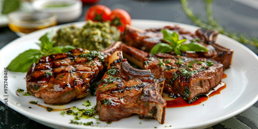 a plate of grilled meat, likely pork, with a side of mashed potatoes and green sauce, all garnished with herbs. The meat appears to be sliced and ready to be served. a plate of grilled meat, likely pork, with a side of mashed potatoes and green sauce, all garnished with herbs. The meat appears to be sliced and ready to be served.