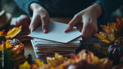 A front view close-up of hands arranging several Thanksgiving invitation cards on a table in a neat stack.