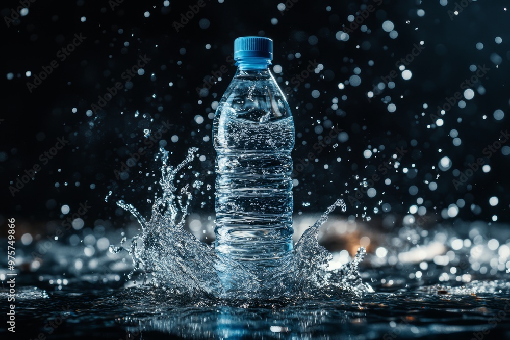 Product photography of a mineral water bottle ,water splashing around and the scene evoking luxury and elegance. Product photography of a mineral water bottle ,water splashing around and the scene evoking luxury and elegance.