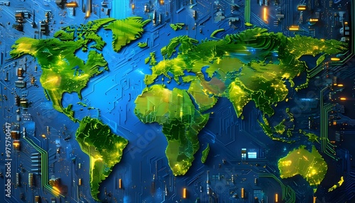 Global Technological Advancement Illustrated Through Circuit Board Design and Globe Outline in Blue and Green Digital Art photo