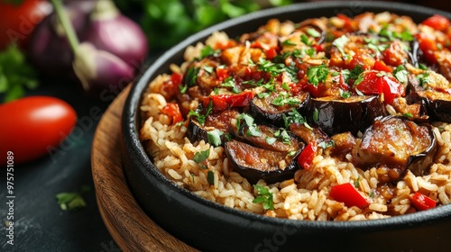 Turkish Traditional Rice Pilav with Karniyarik (Riven Belly) Aubergine Eggplant Meal photo