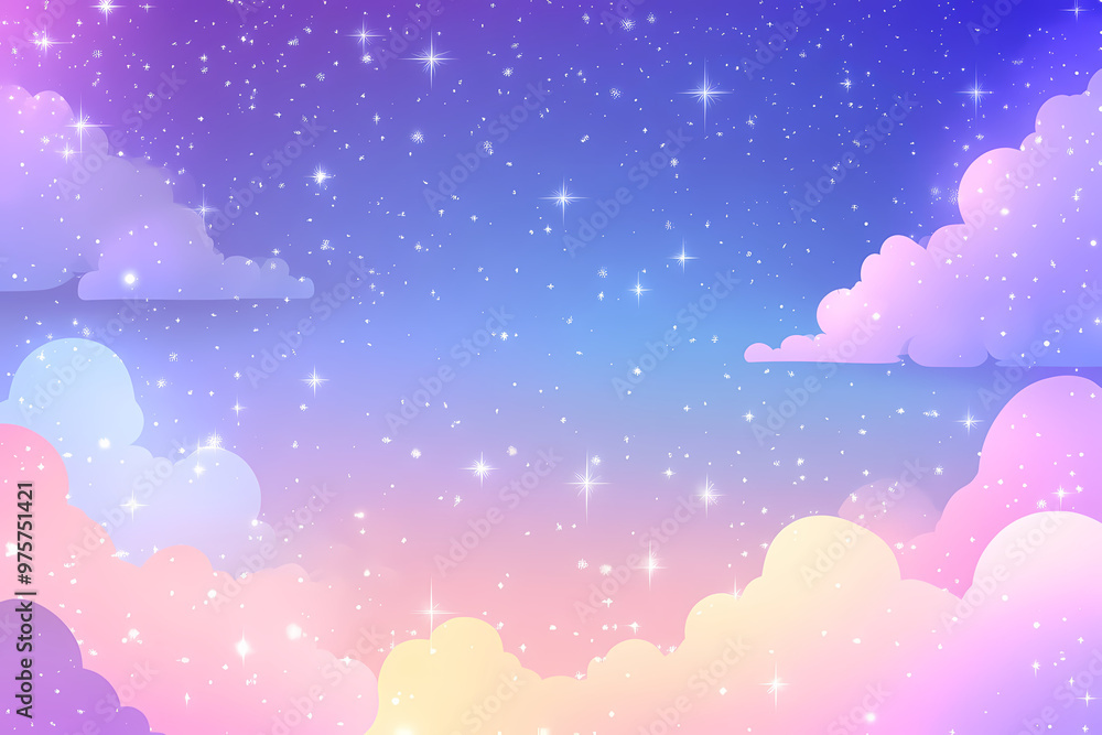 Fototapeta premium Cute pastel galaxy vector background with stars, moon, and clouds in pink, purple, and blue colors
