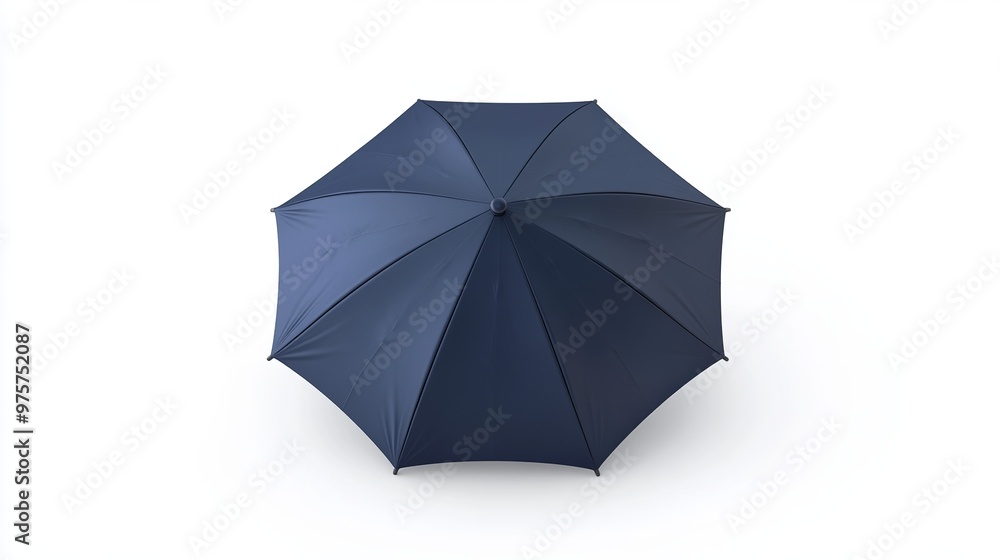 A dark blue, compact foldable umbrella photographed against a horizontal white background. The simple, isolated object stands out with its sleek design and deep color A dark blue, compact foldable umbrella photographed against a horizontal white background. The simple, isolated object stands out with its sleek design and deep color