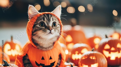 Cat in a pumpkin costume sitting among glowing jack-o'-lanterns, pumpkin cat, festive Halloween feline