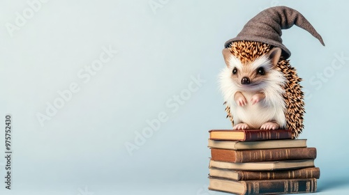 Hedgehog in a wizard hat sitting on a stack of spell books, wizard hedgehog, cute magical animal