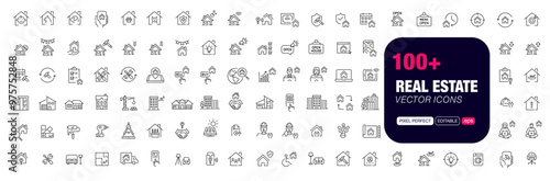 100 Real estate themed pixel perfect, editable stroke vector icons. Rent, agreement, apartment search, property type, furnishing, construction and others
