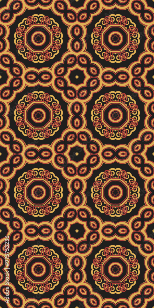 A vibrant, symmetrical pattern featuring circular motifs in warm colors on a dark background. A vibrant, symmetrical pattern featuring circular motifs in warm colors on a dark background.