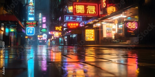 Neon Lights Reflecting in a Wet City Street