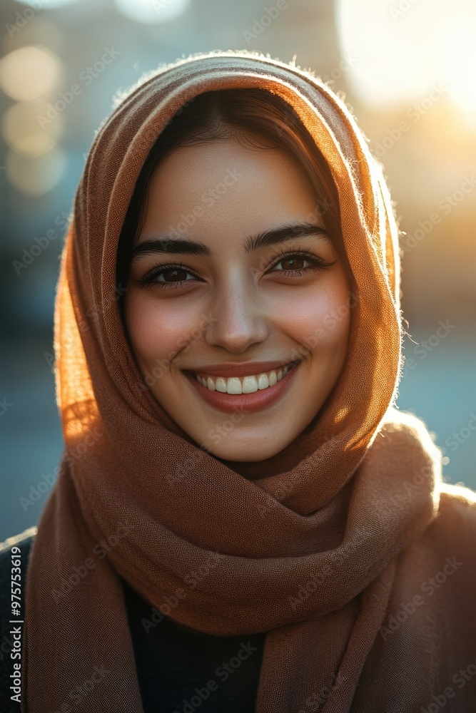 A close-up portrait of a Middle Eastern woman wearing a hijab, with a warm and radiant smile, softly illuminated by the golden hour sunlight, creating a serene and peaceful atmosphere A close-up portrait of a Middle Eastern woman wearing a hijab, with a warm and radiant smile, softly illuminated by the golden hour sunlight, creating a serene and peaceful atmosphere