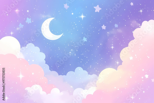 Cute pastel galaxy vector background with stars, moon, and clouds in pink, purple, and blue colors