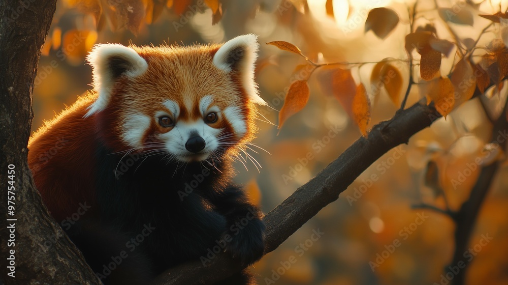 Fototapeta premium cute little red panda sitting on tree branch